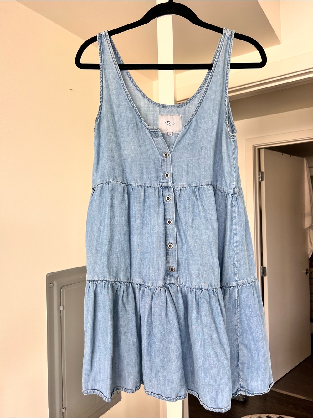 Rails Linen Blend Babydoll Tiered Button Down Summer Dress Blue Size XS